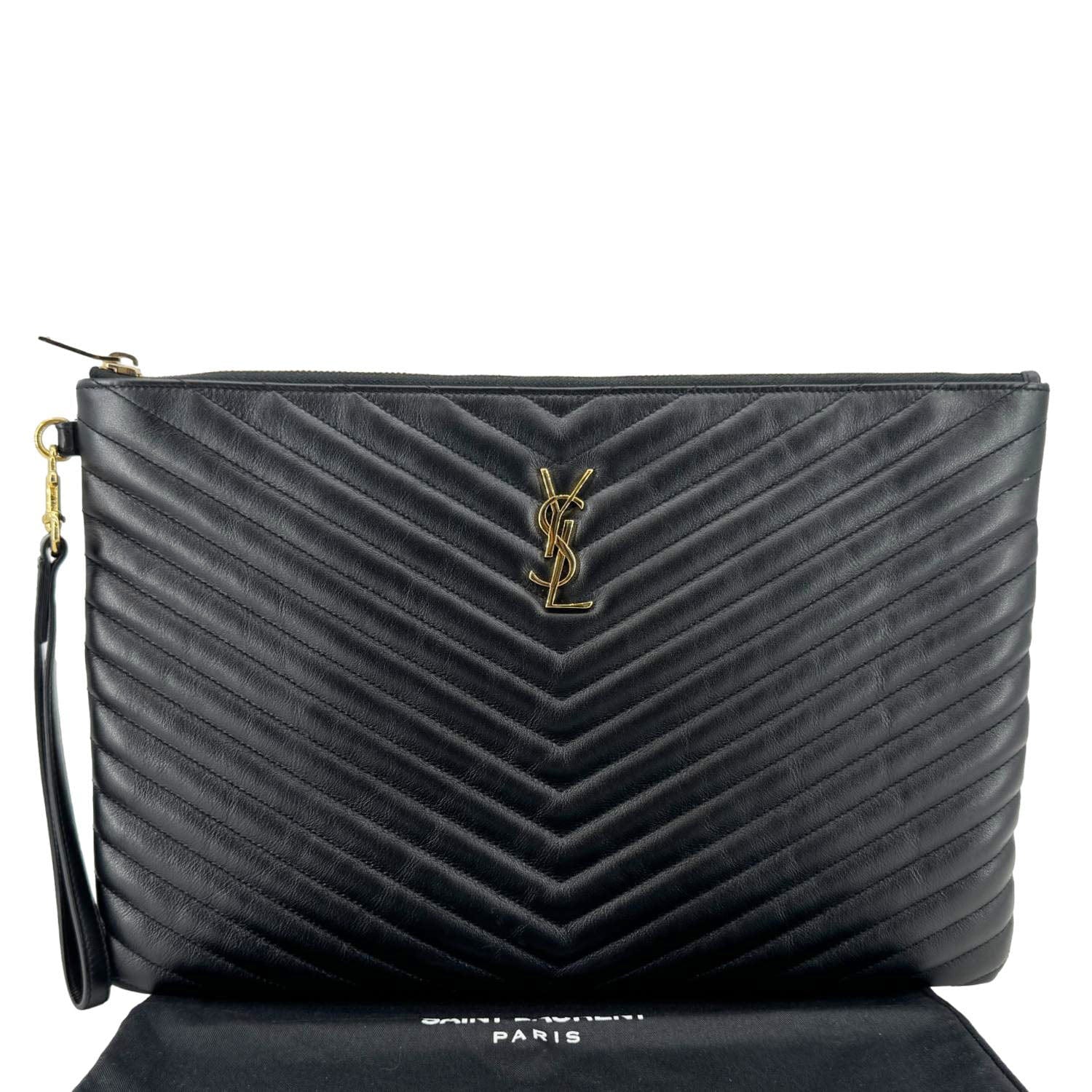 YSL Saint Laurent Yves Chevron Document Holder Handbag Leather Black Travel Bag