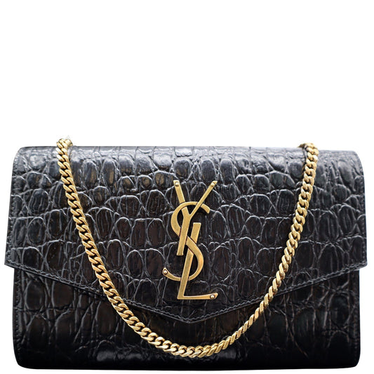 YSL Saint Laurent Saint Uptown Crocodile Embossed Crossbody Wallet Black Chain Crossbody Bag