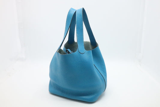 Hermes Picotin In Clemence Handbag Leather Blue Travel Bag