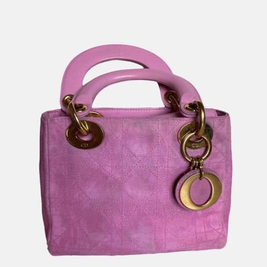 Dior Lady Mini With Yellow Tone Hardware Handbag Suede Pink Travel Bag