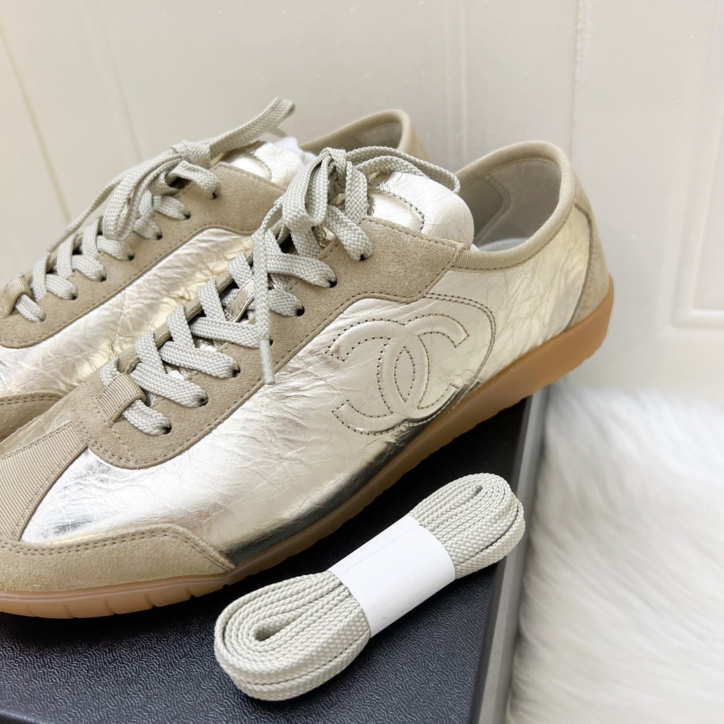 Chanel Sneakers in Light Gold Crumpled Laminated Calfskin and Beige Suede Calfskin Sz 37.5 (Model: )