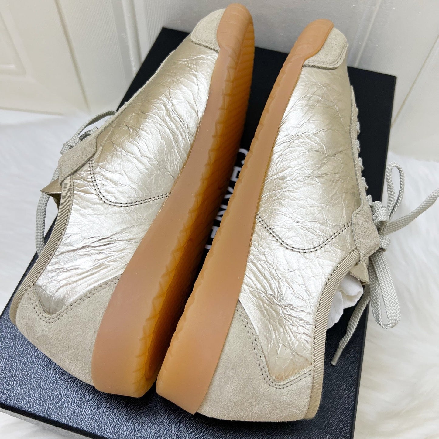 Chanel Sneakers in Light Gold Crumpled Laminated Calfskin and Beige Suede Calfskin Sz 37.5 (Model: )