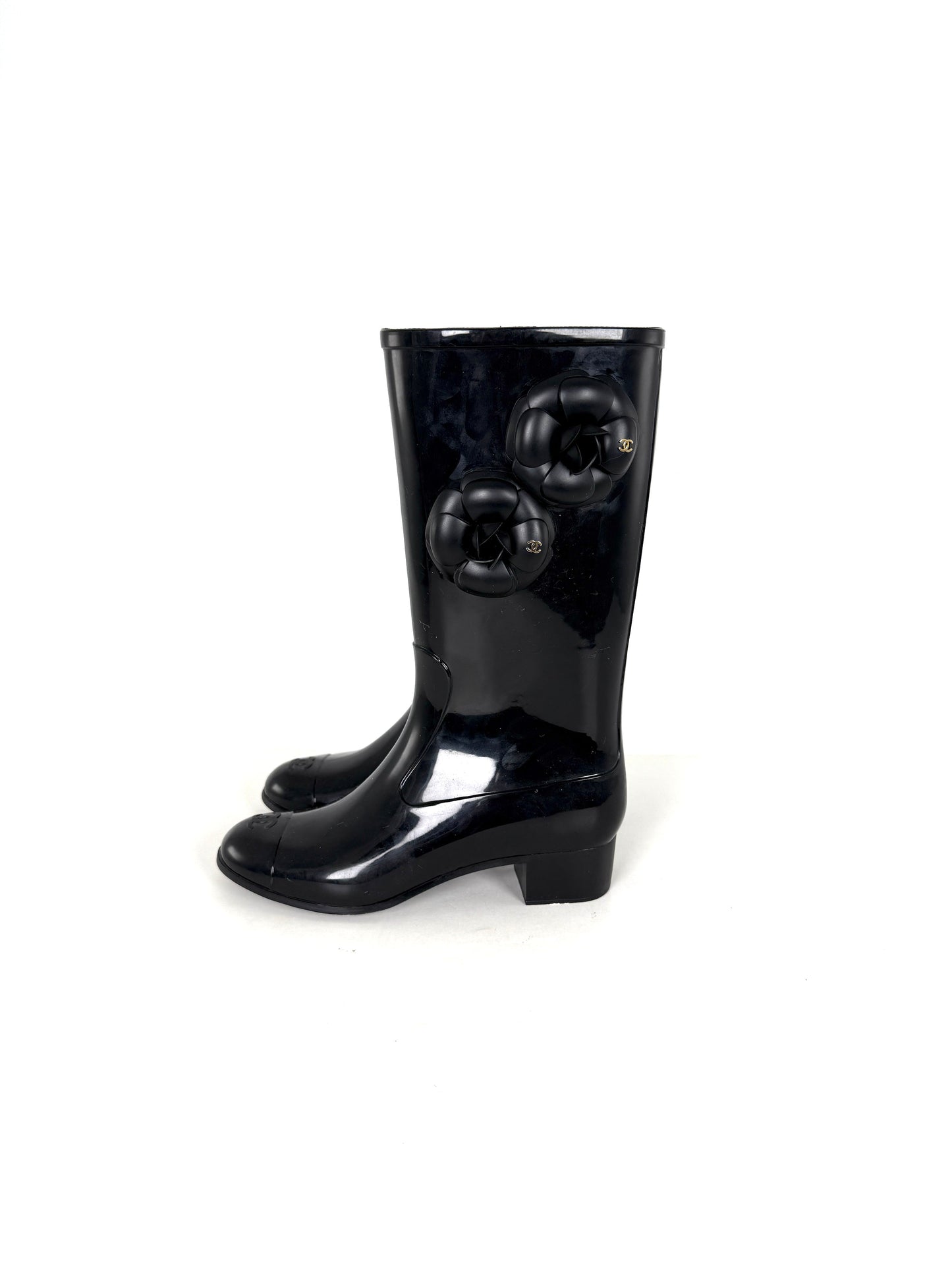 Chanel Camellia Cap Toe CC Logo Flower Black Rubber Rain Boots 38, 7.5