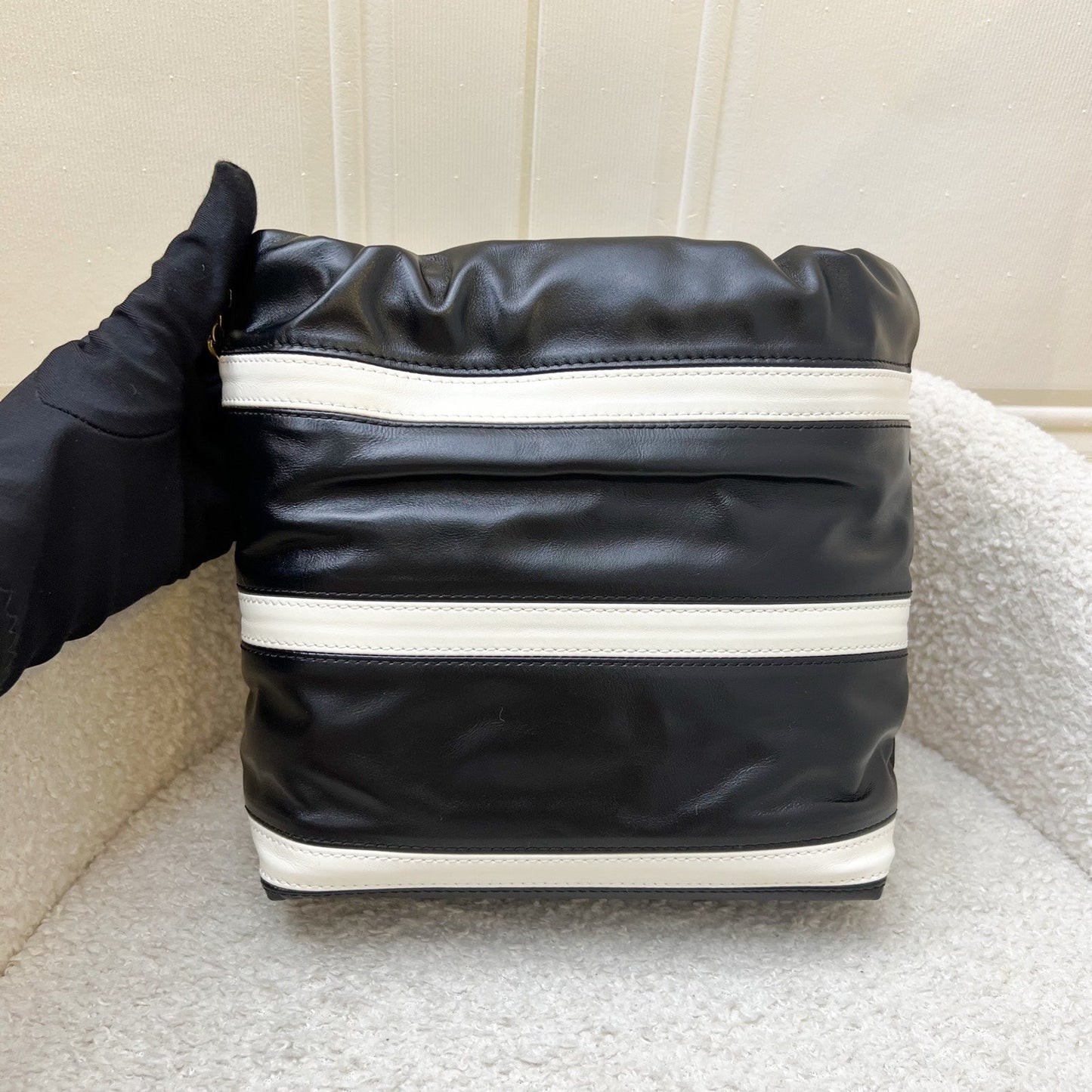 Chanel 22 Mini Hobo Handbag in Striped Black and White Shiny Calfskin and AGHW (Detachable Strap)