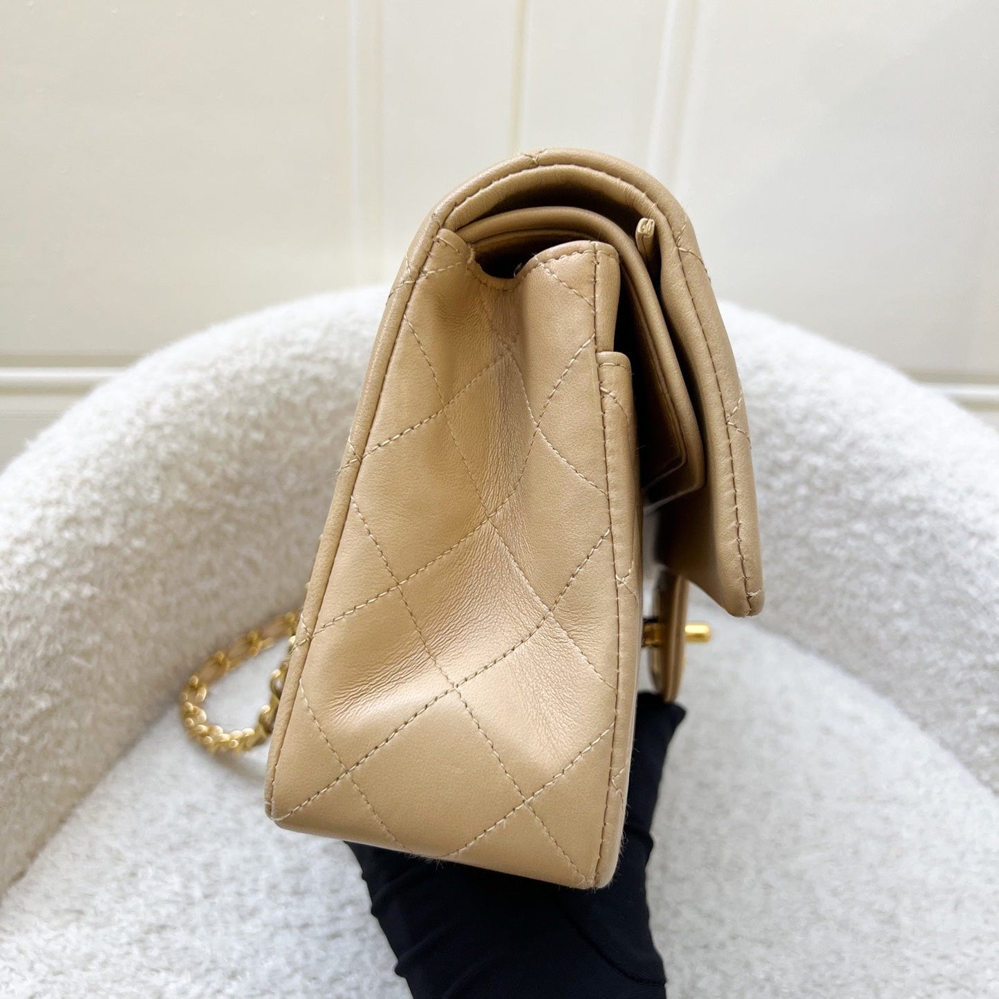 Chanel Small Classic Flap CF in Milk Tea Beige Lambskin and Gold Plated HW Accessory