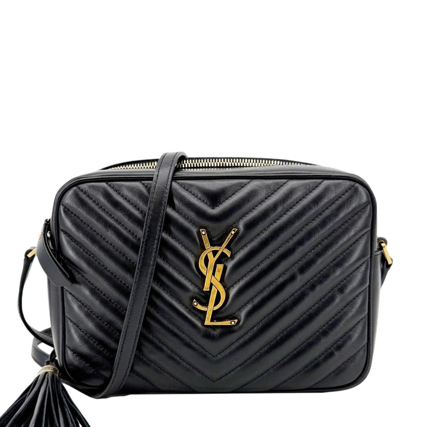 YSL Saint Laurent Yves Lou Chevron Camera Bag Leather Black Travel Bag Lou Camera Bag