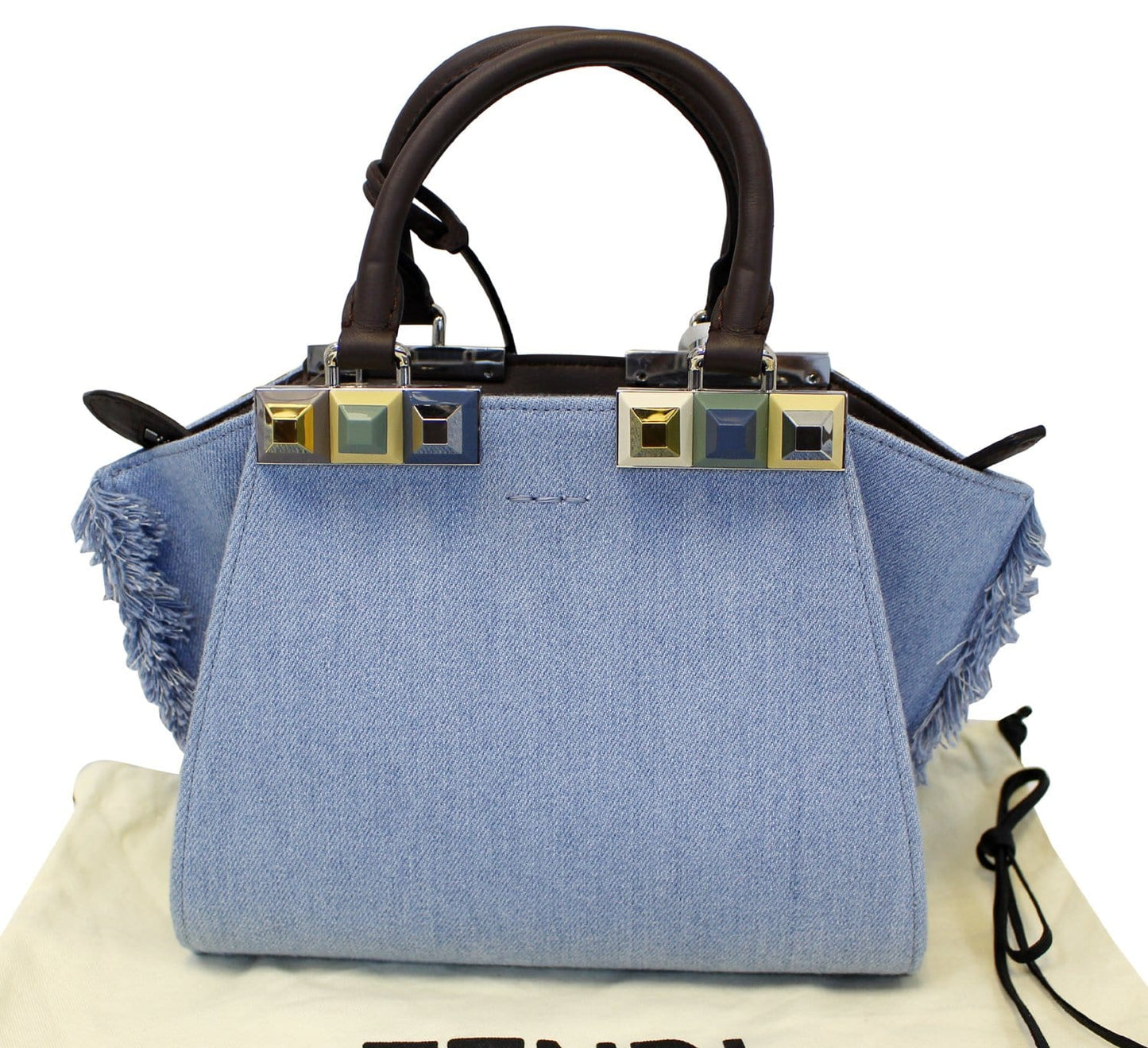 Fendi Jour Fringed Studs Tote Crossbody Bag Denim Mini