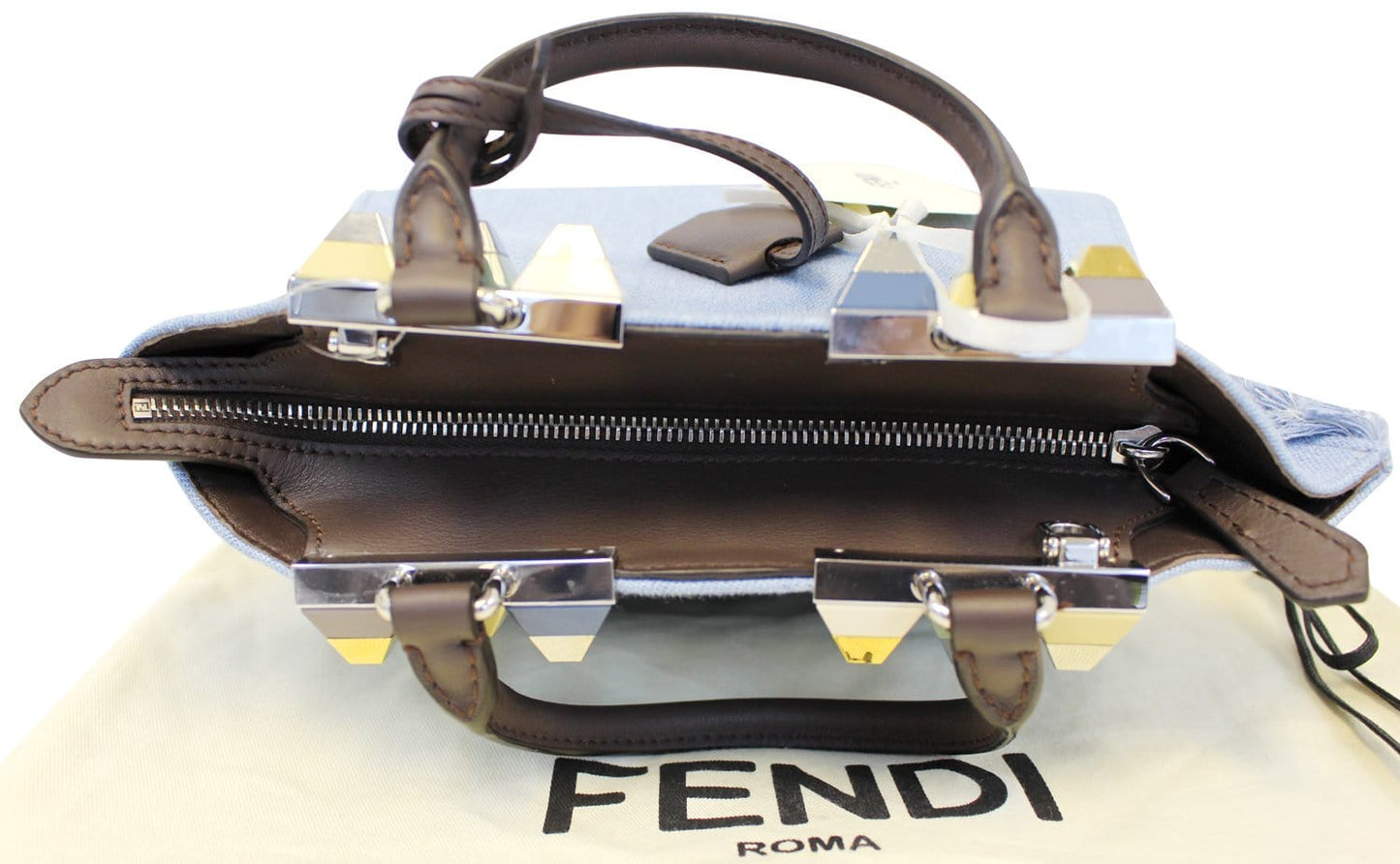 Fendi Jour Fringed Studs Tote Crossbody Bag Denim Mini