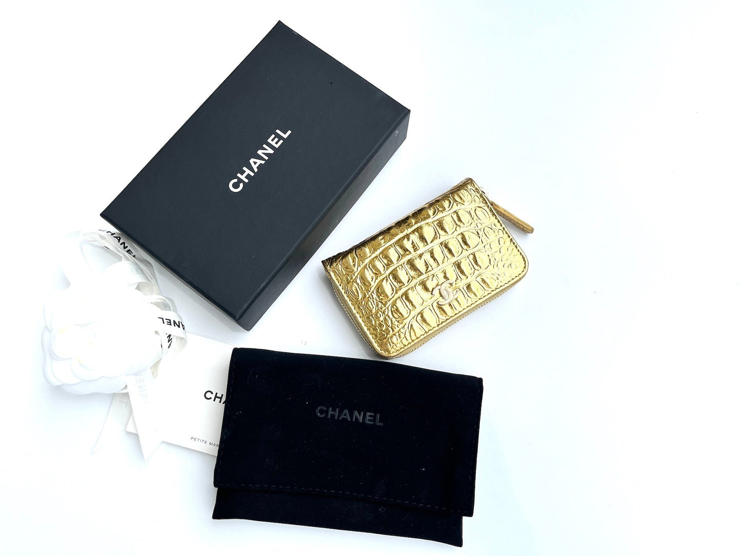 Chanel New Gold Croc Embossed Zip O Coin Purse Wallet