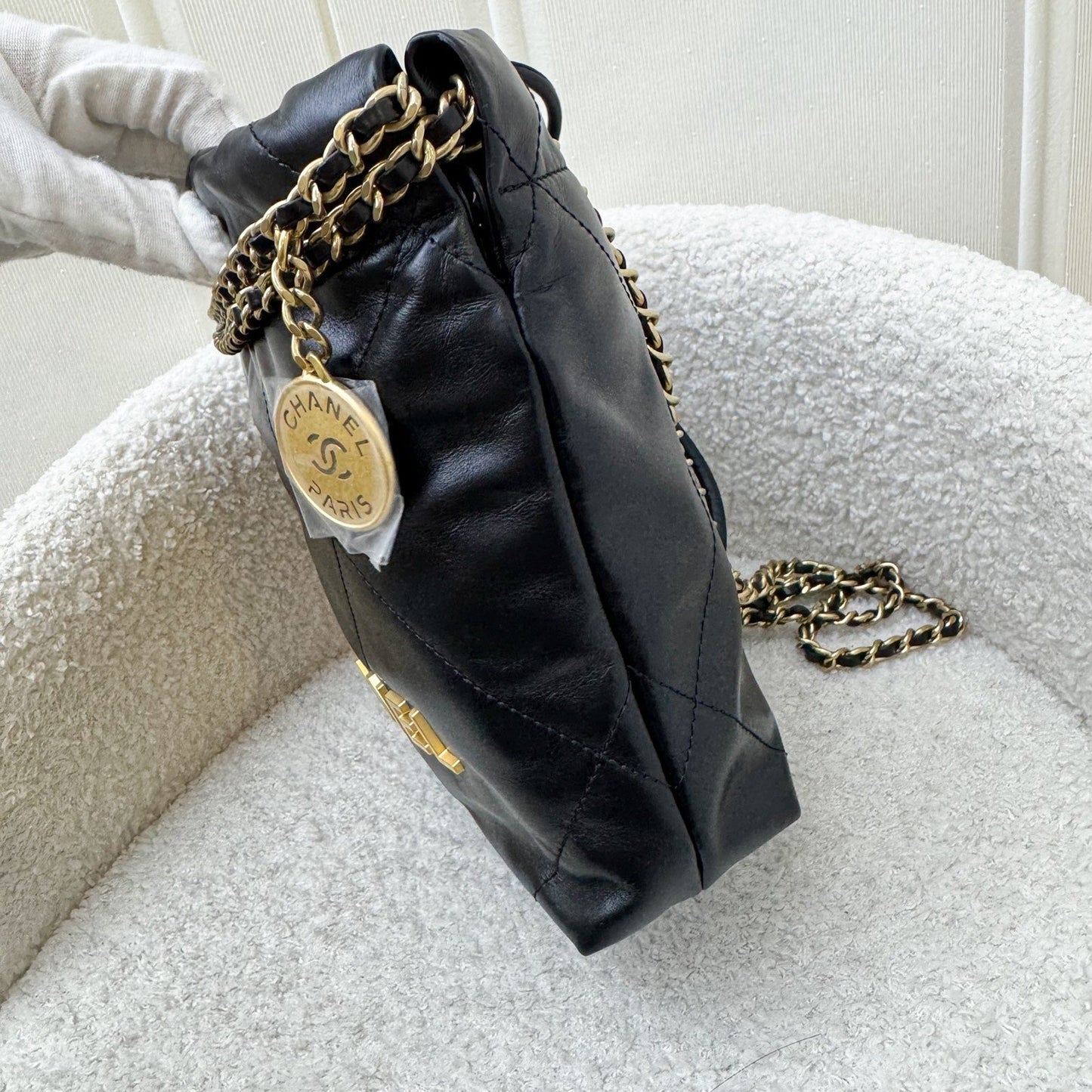 22 Mini Hobo Handbag in Black Shiny Calfskin and AGHW Signature