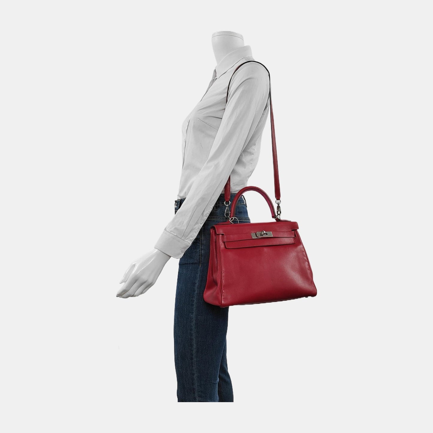 Hermes Kelly Retourne Rouge Grenat Box Hardware Handbag Leather Red Travel Bag