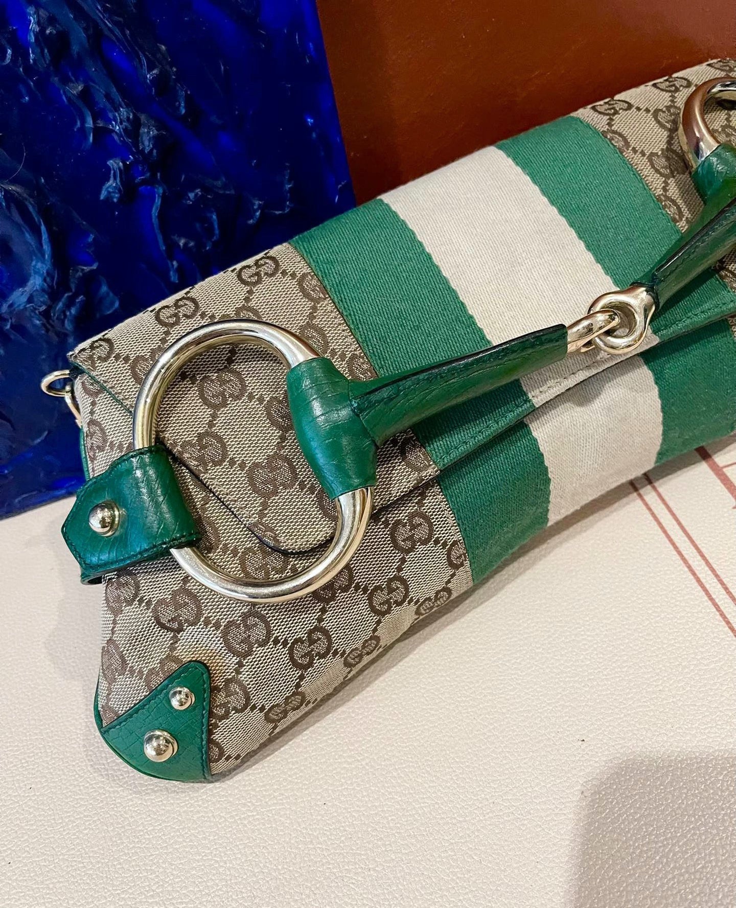 Gucci Iconic Horsebit Chain Cloth Studs Monogram Leather Green Gold Handbag