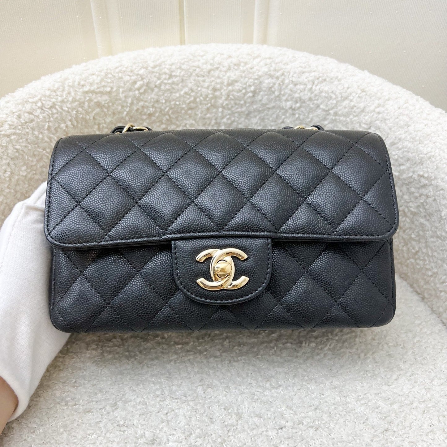 Chanel Mini Rectangle Classic Flap in Black Caviar and LGHW Accessory