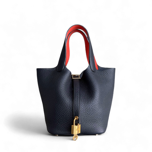 Hermes Picotin Tc Clemence Midnight Hardware Stamp Handbag Leather Blue Gold Travel Bag