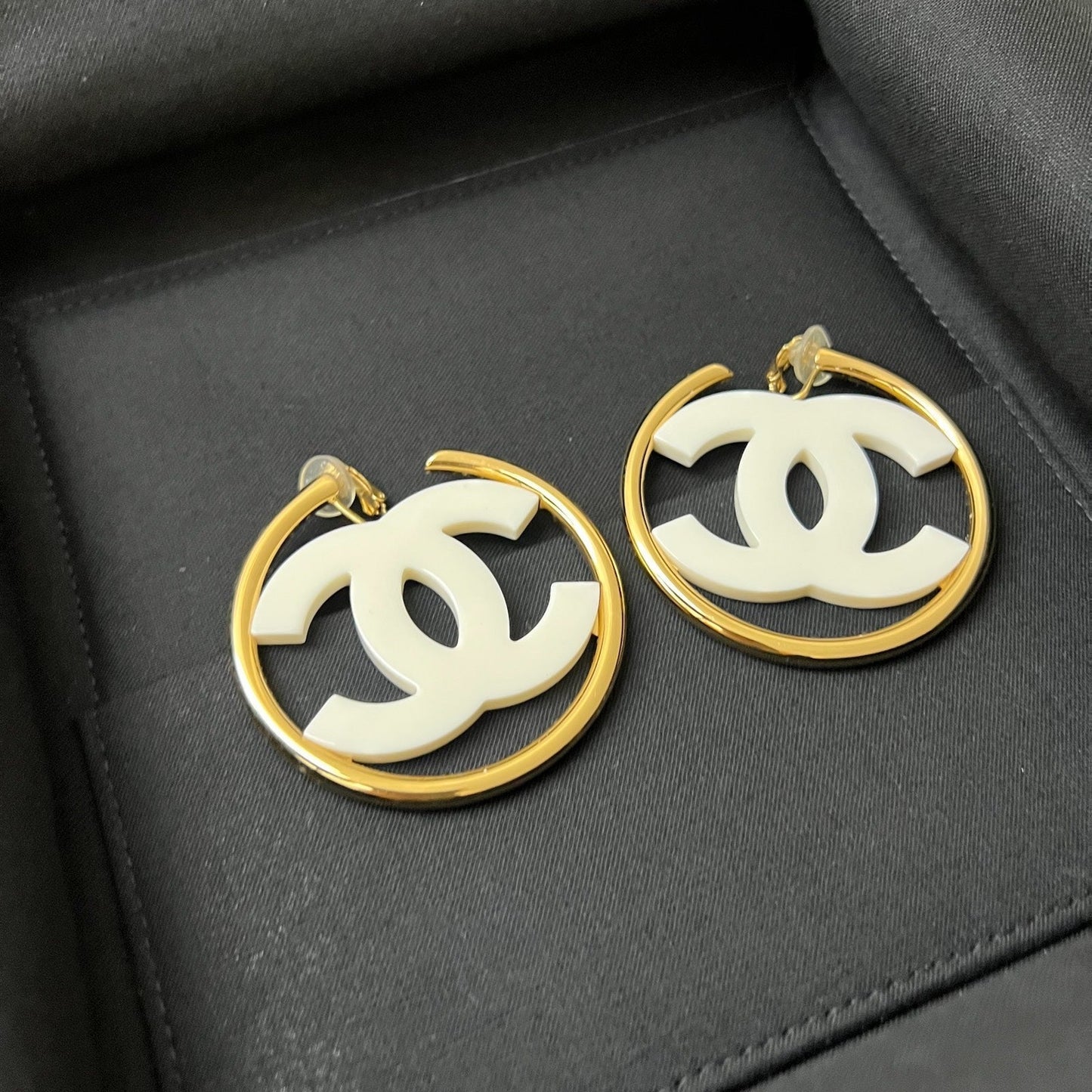 Chanel Large CC Logo Hoop Clip-on Earrings with White Enamel in GHW Jewelry