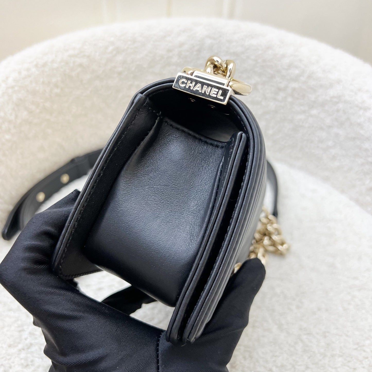 Chanel Micro Boy Flap in Black Chevron Quilted Lambskin and LGHW (Model: ) Accessory