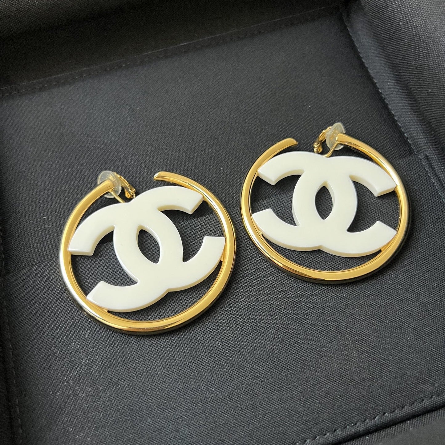 Chanel Large CC Logo Hoop Clip-on Earrings with White Enamel in GHW Jewelry