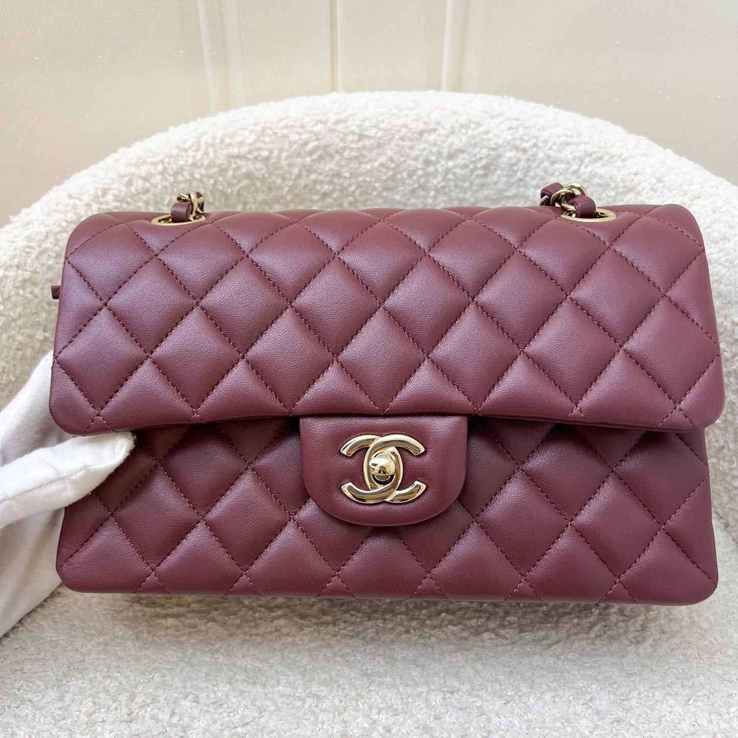 Chanel Small Classic Flap CF in Burgundy Lambskin and LGHW Accessory
