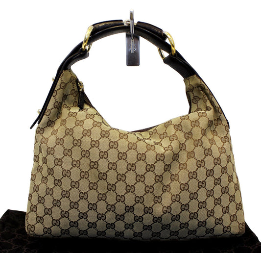 Gucci Horsebit Hobo Bag Canvas Beige Travel Bag