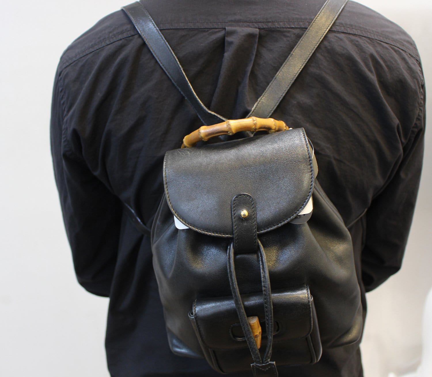Gucci Backpack Bamboo Handbag Leather Black