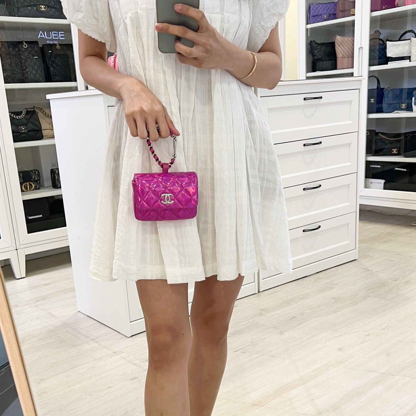 Chanel Micro VIP Clutch in Fuchsia Pink Iridescent Goatskin SHW