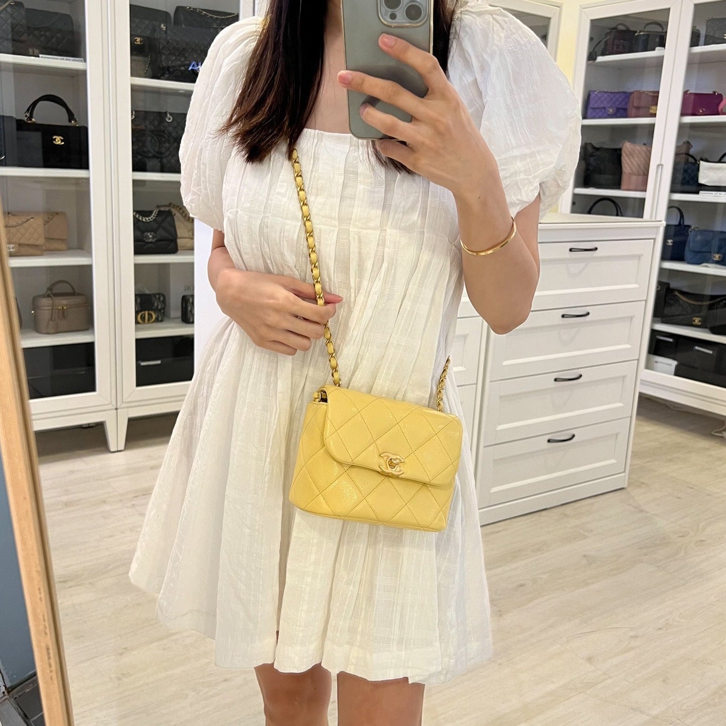 Chanel Seasonal Square Mini in Light Yellow Caviar GHW Accessory
