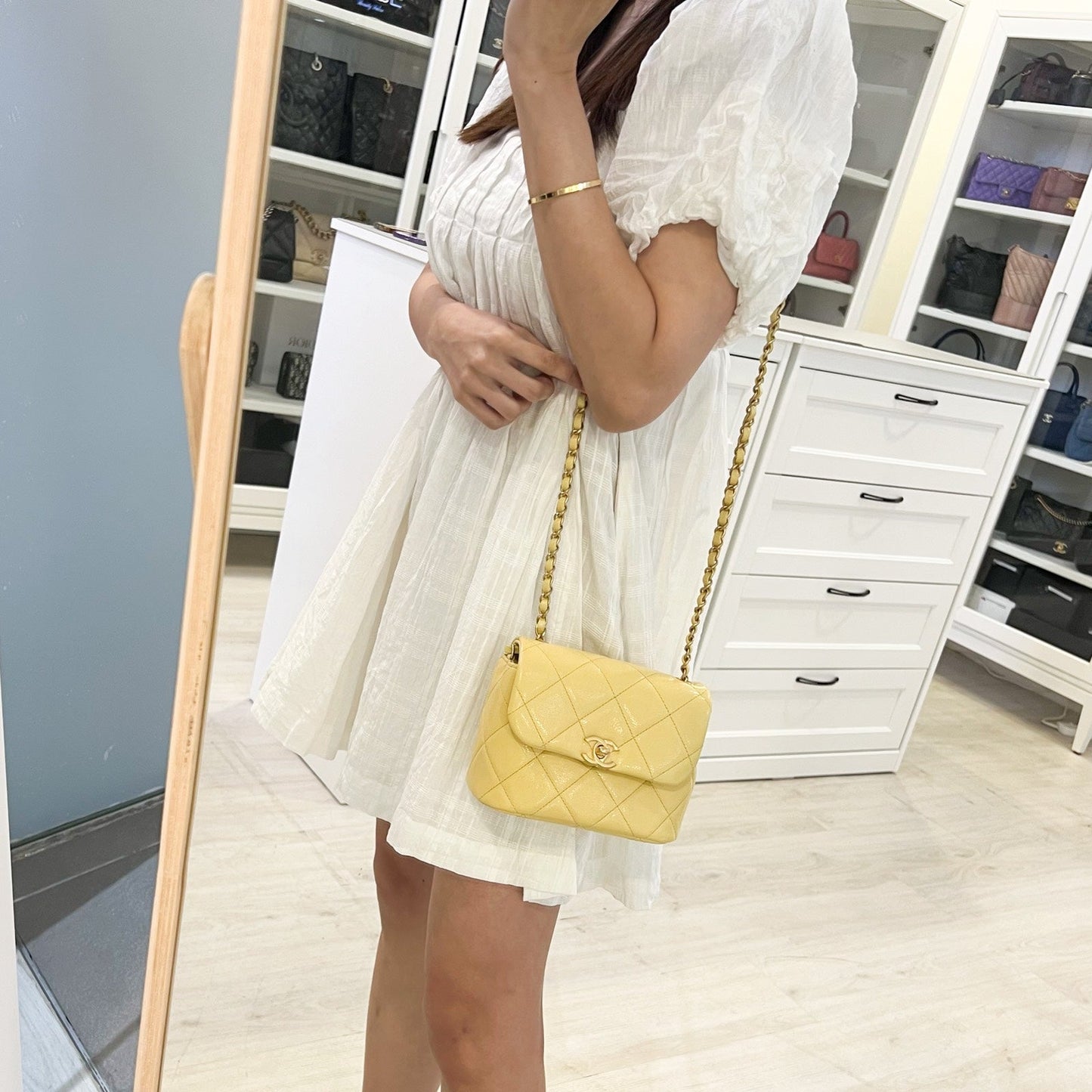 Chanel Seasonal Square Mini in Light Yellow Caviar GHW Accessory