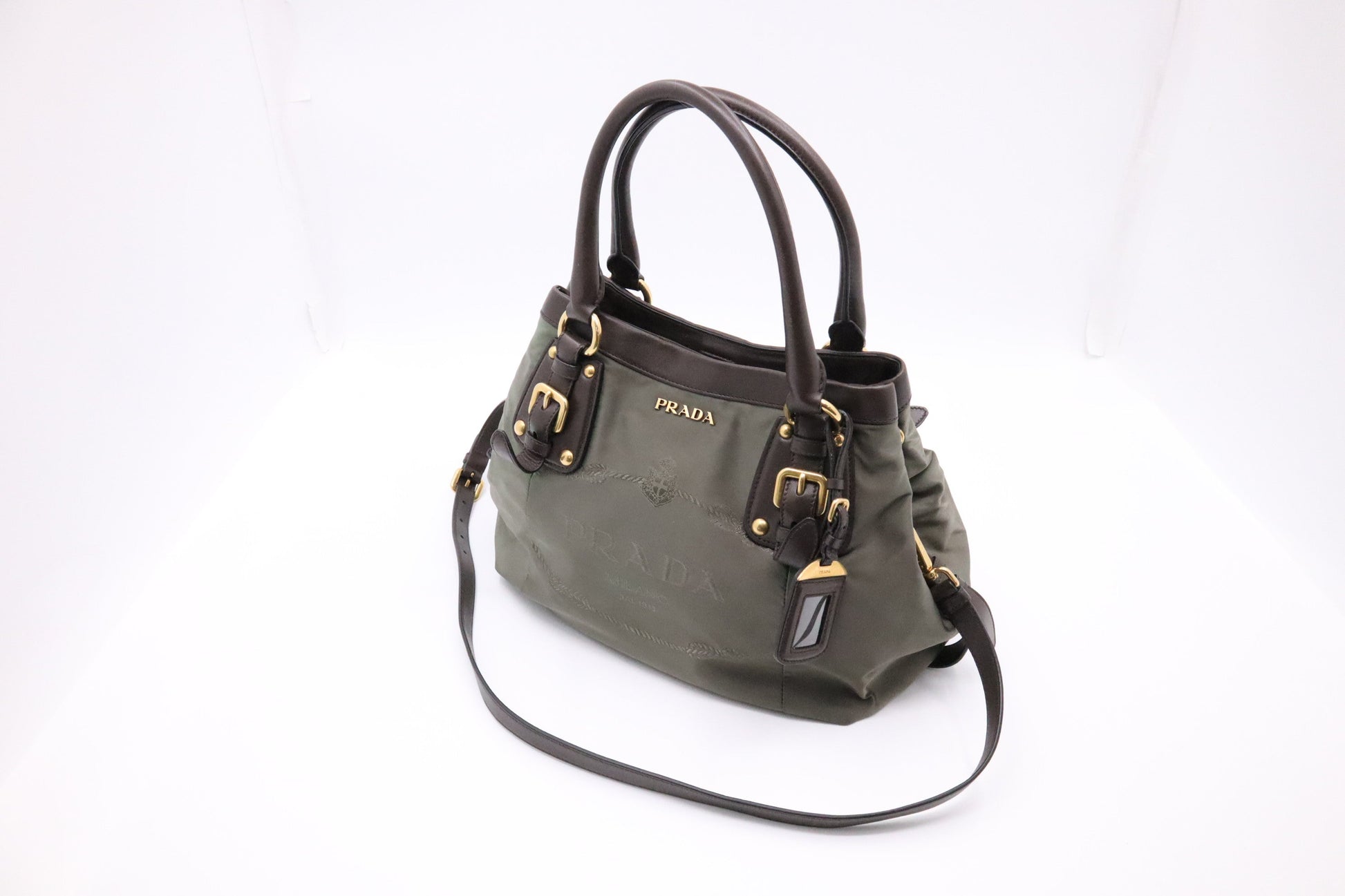 Prada Way Handbag In Military Green And Leather Nylon Travel Bag