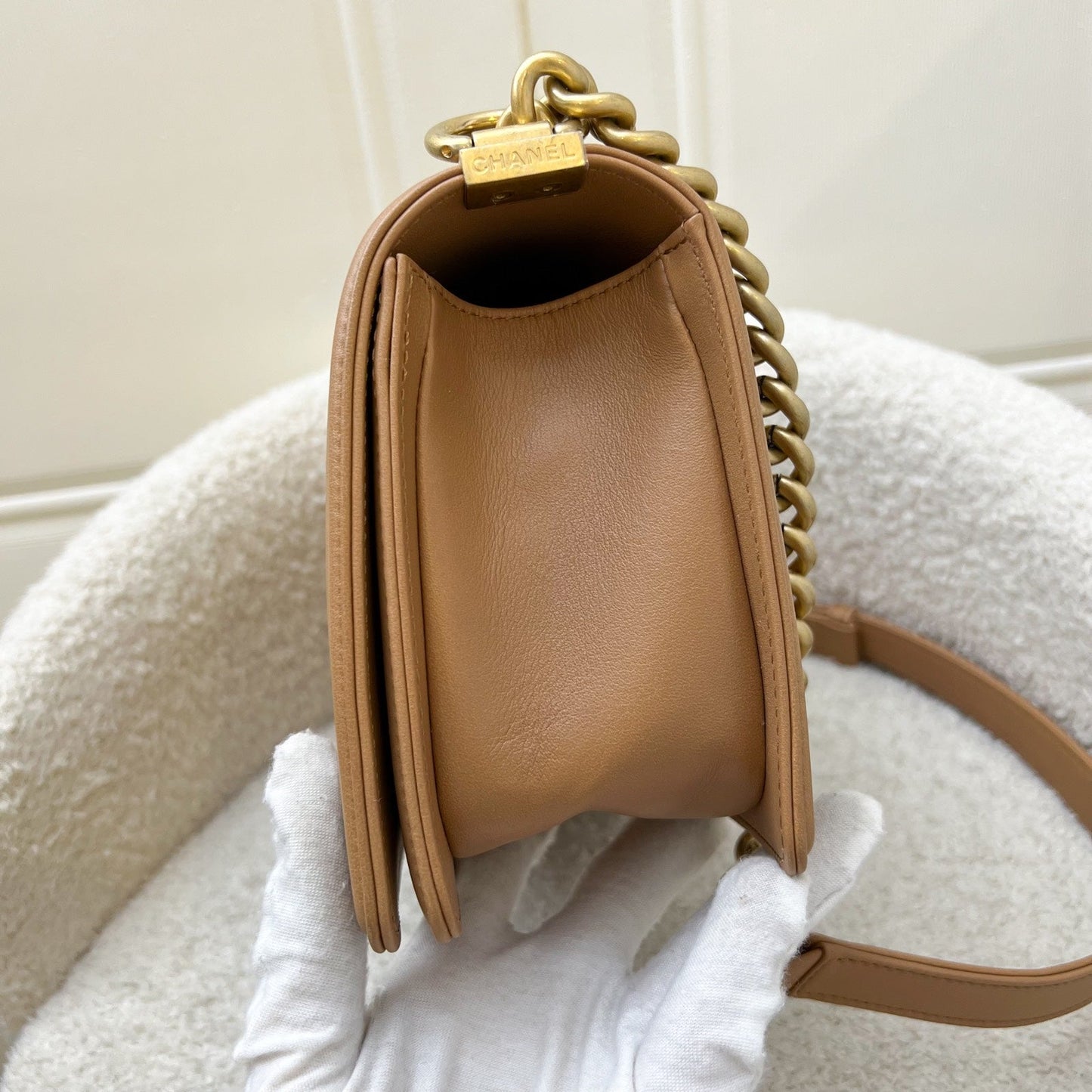 Chanel Medium Boy Flap in Chevron Quilted Caramel Lambskin and AGHW (Model: ) Accessory