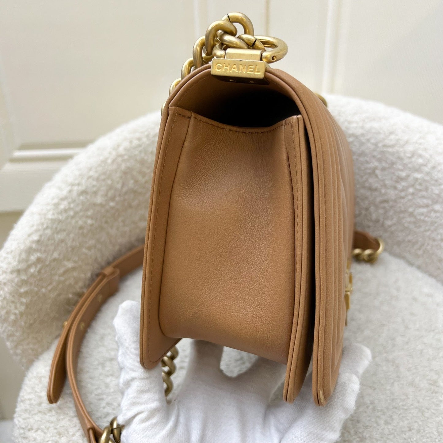 Chanel Medium Boy Flap in Chevron Quilted Caramel Lambskin and AGHW (Model: ) Accessory