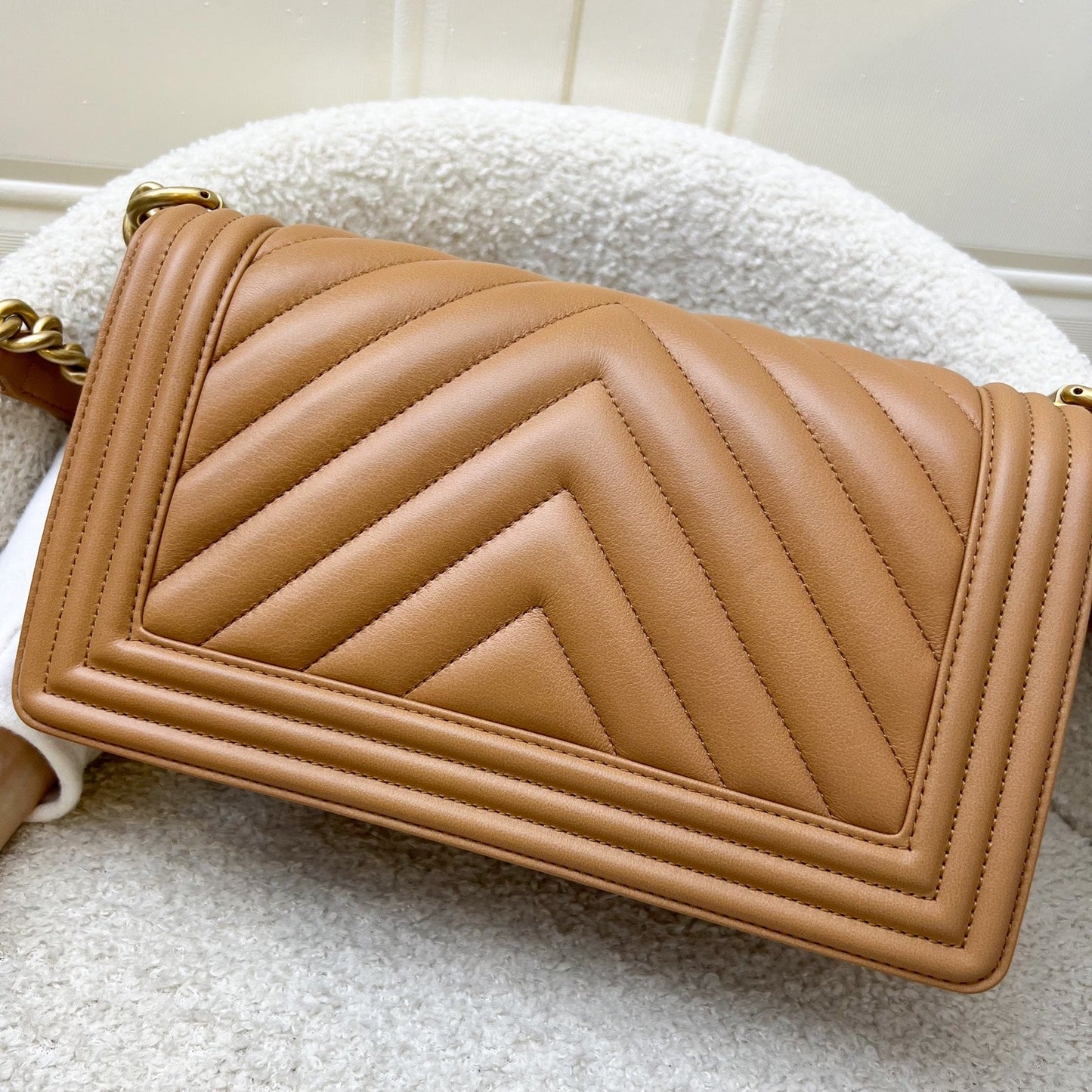 Chanel Medium Boy Flap in Chevron Quilted Caramel Lambskin and AGHW (Model: ) Accessory