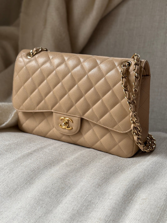 Chanel Light Beige Caviar Jumbo Quilted Gold Hardware Classic Double Flap Bag