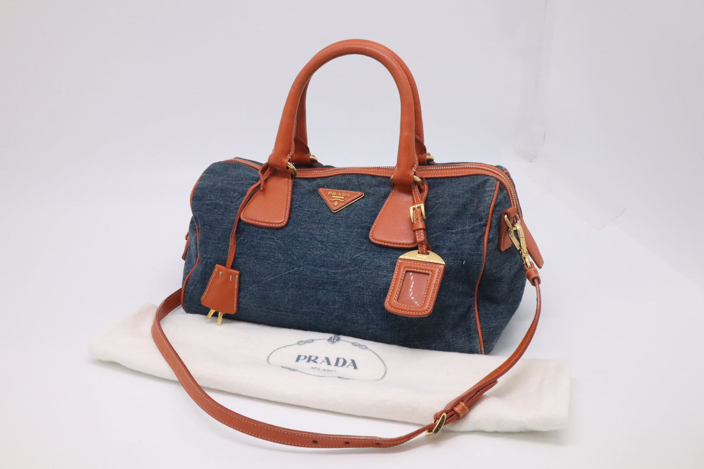 Prada Bauletto Shoulder Bag In And Orange Leather Denim