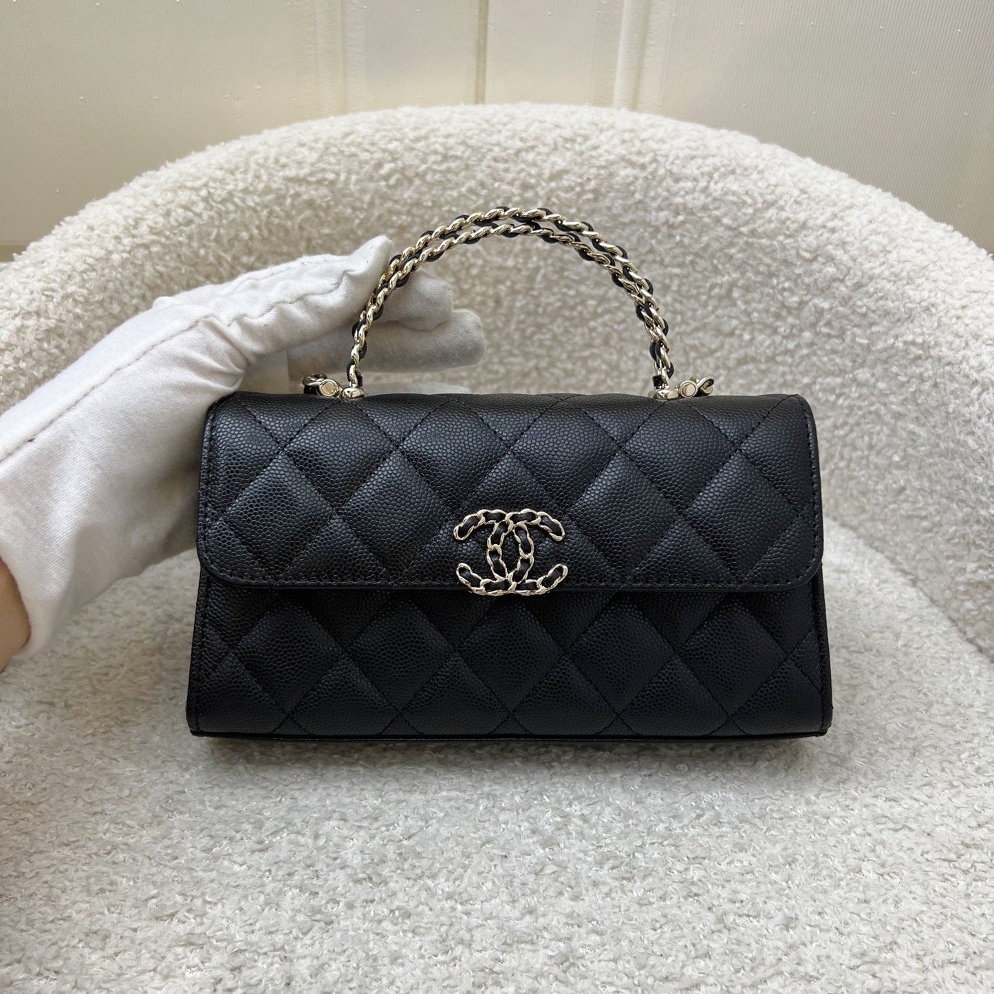 Chanel Top Handle Kelly Clutch with Chain in Black Caviar and GHW