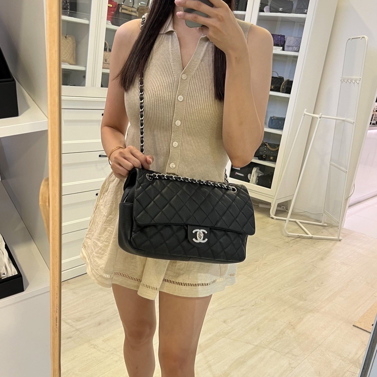 Easy Caviar Jumbo Flap in Black Caviar and SHW Accessory Signature