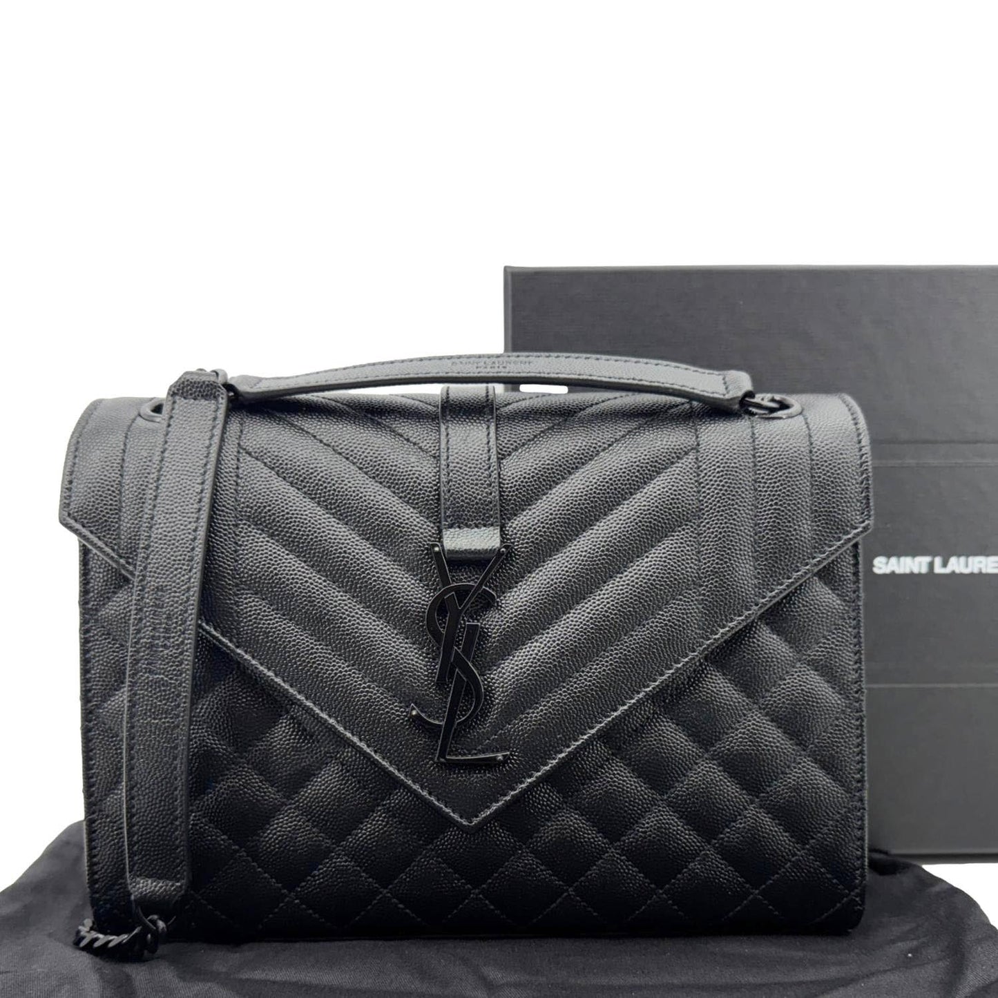YSL Saint Laurent Yves Envelope Grain De Poudre Shoulder Bag Leather Black Medium