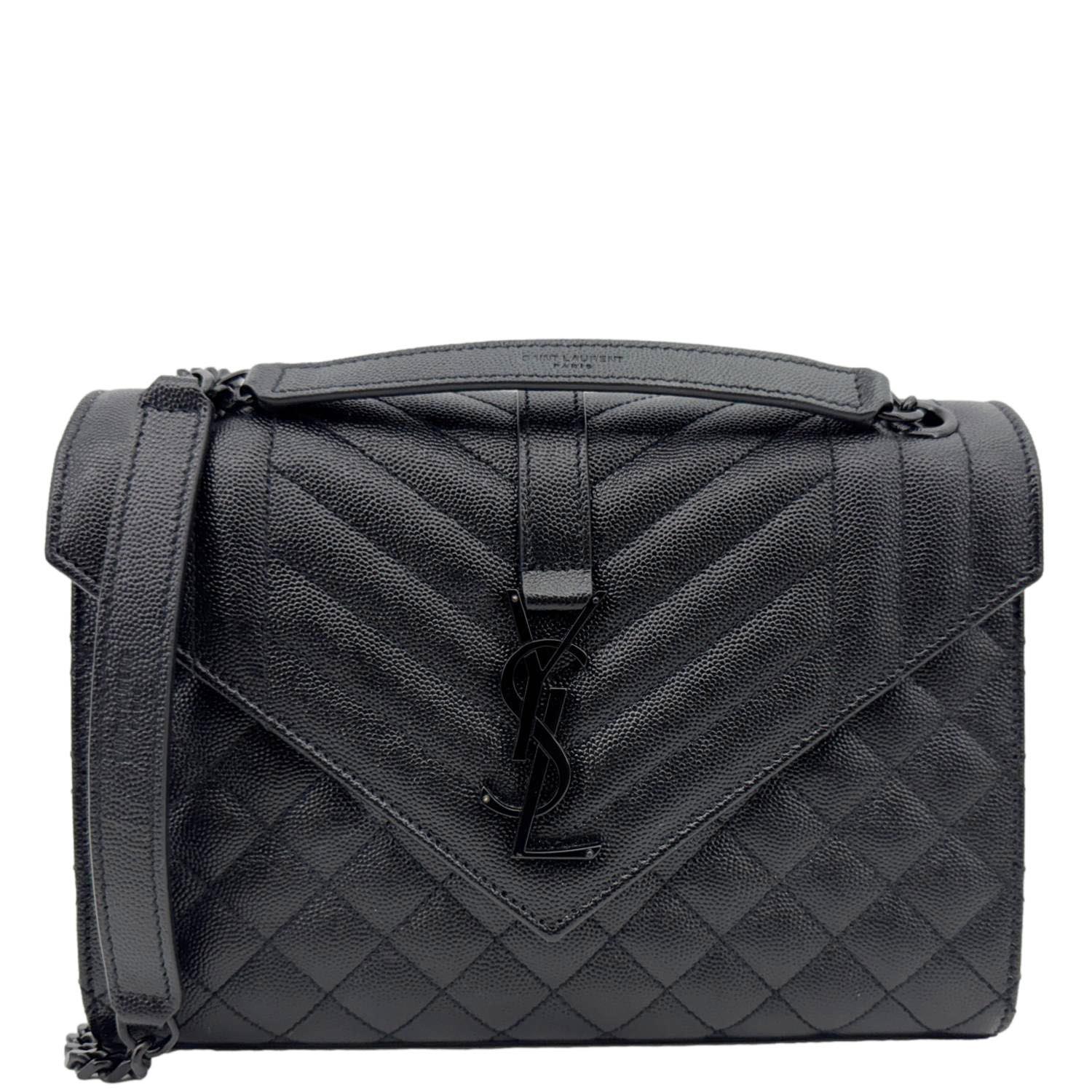 YSL Saint Laurent Yves Envelope Grain De Poudre Shoulder Bag Leather Black Medium