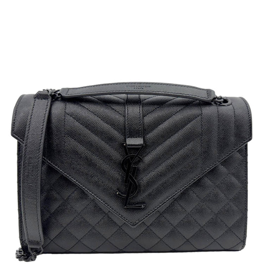 YSL Saint Laurent Yves Envelope Grain De Poudre Shoulder Bag Leather Black Medium