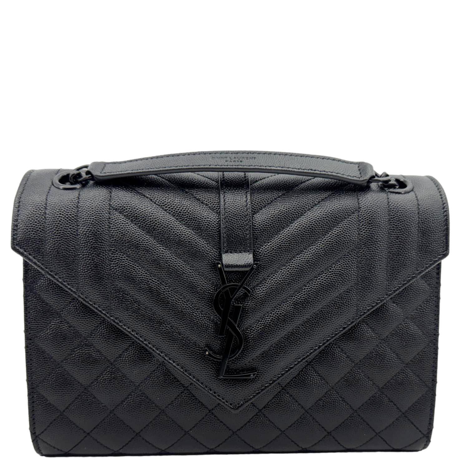 YSL Saint Laurent Yves Envelope Grain De Poudre Shoulder Bag Leather Black Medium