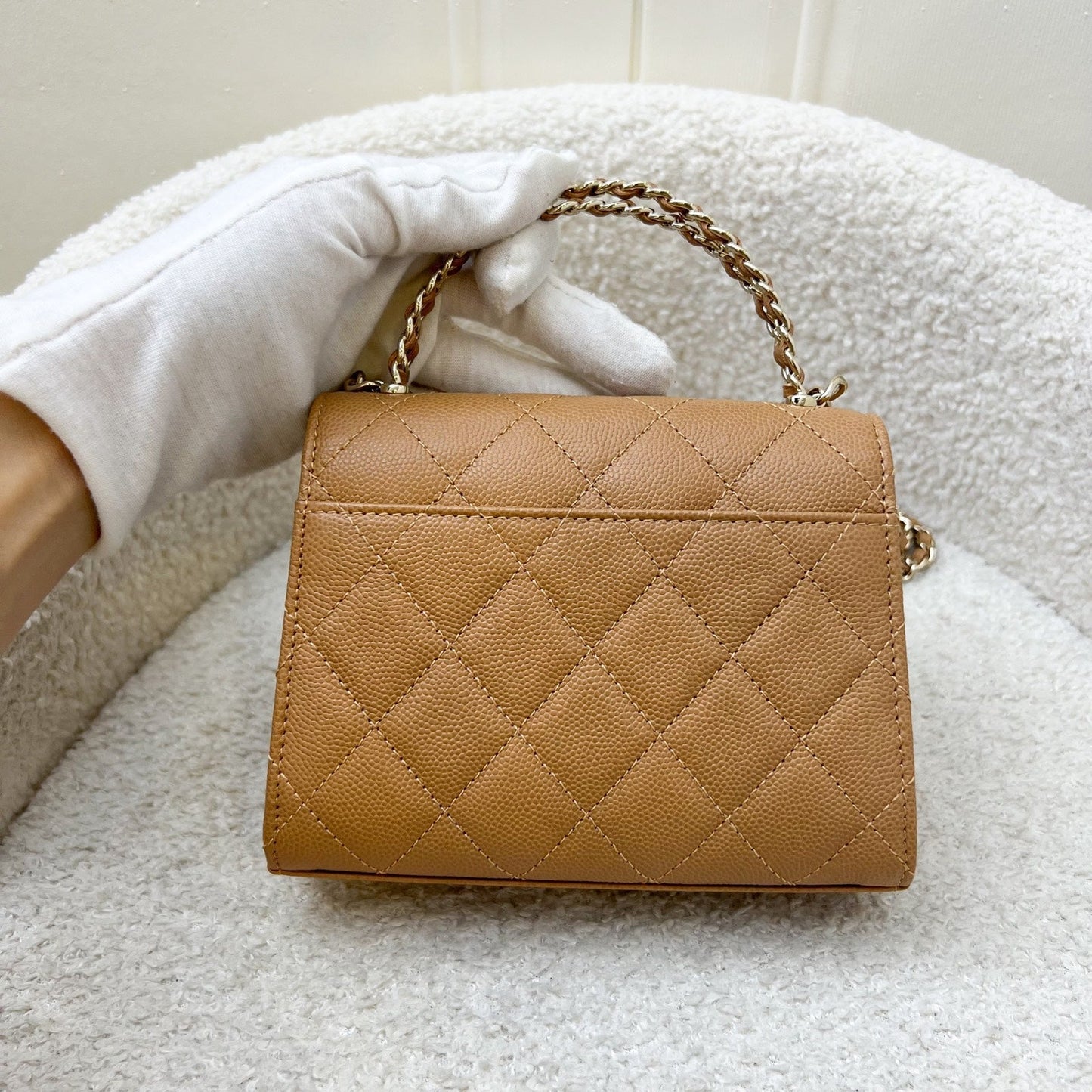Chanel Top Handle Kelly Clutch with Chain in Caramel Caviar and GHW (Model: )