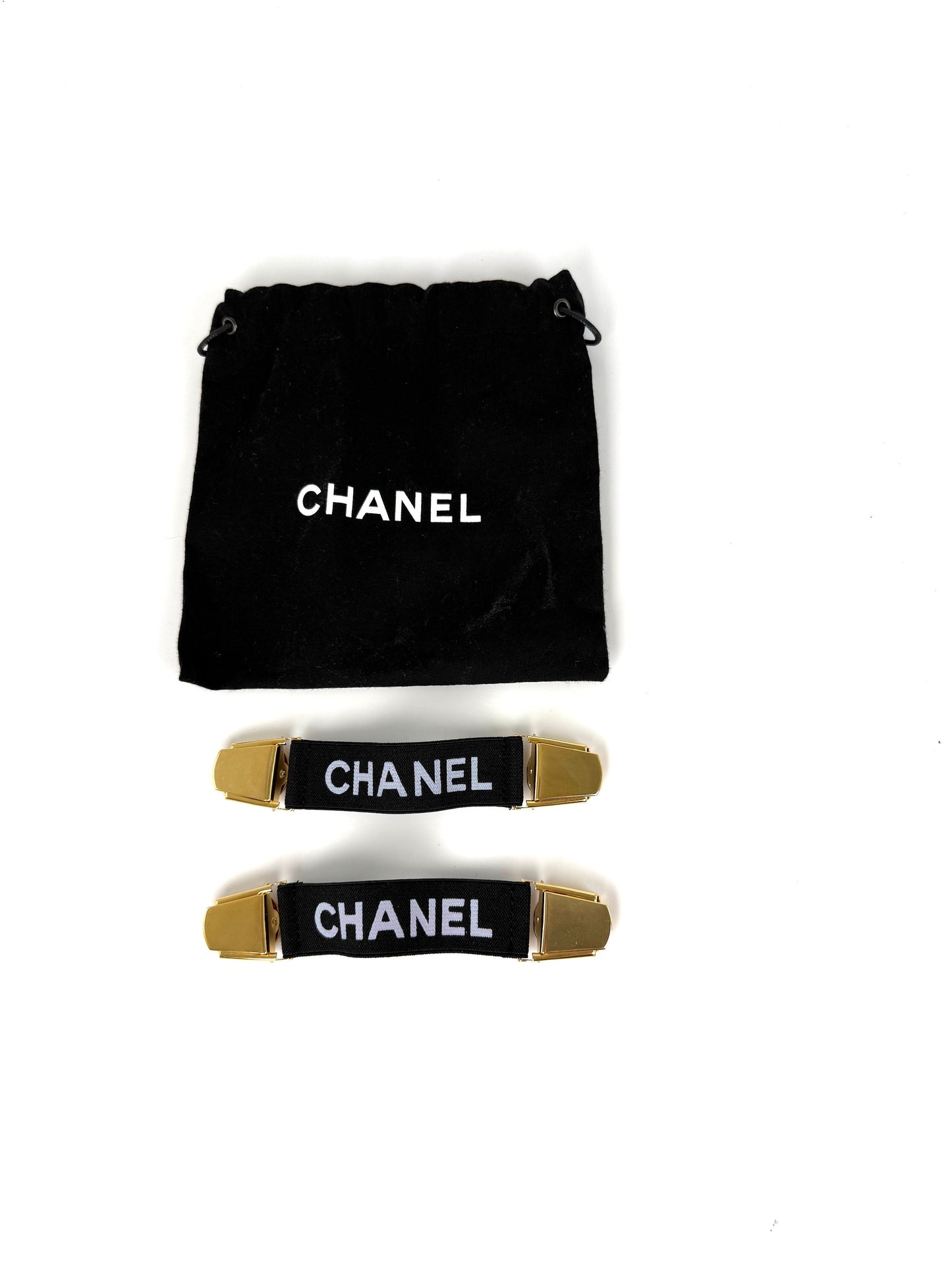 Chanel 2 Logo Sweater Sleeve Garters Suspenders Elastic Black Gold Tone Clip