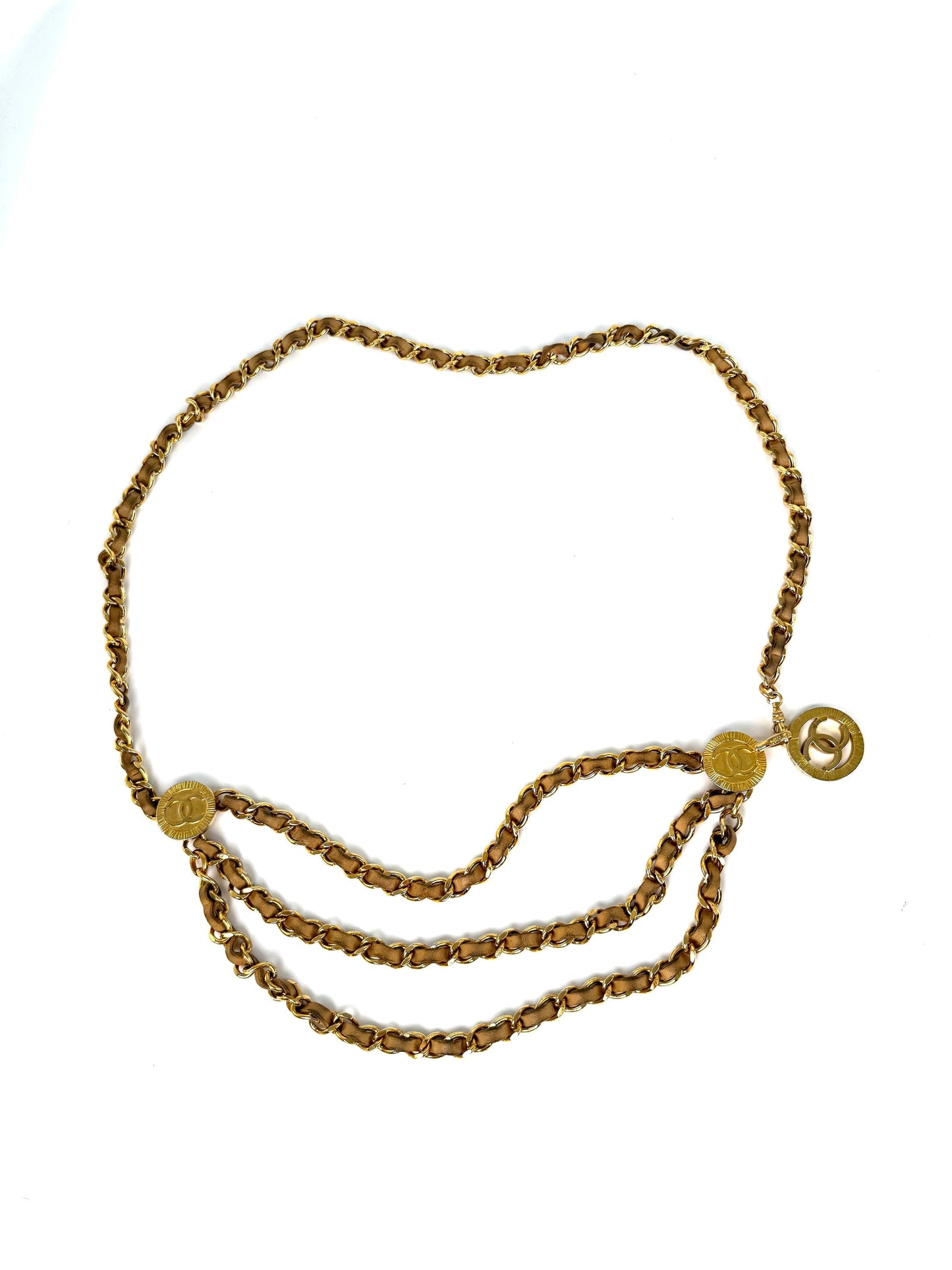 Chanel Gold Chain Link Beige Leather 1984 CC Belt