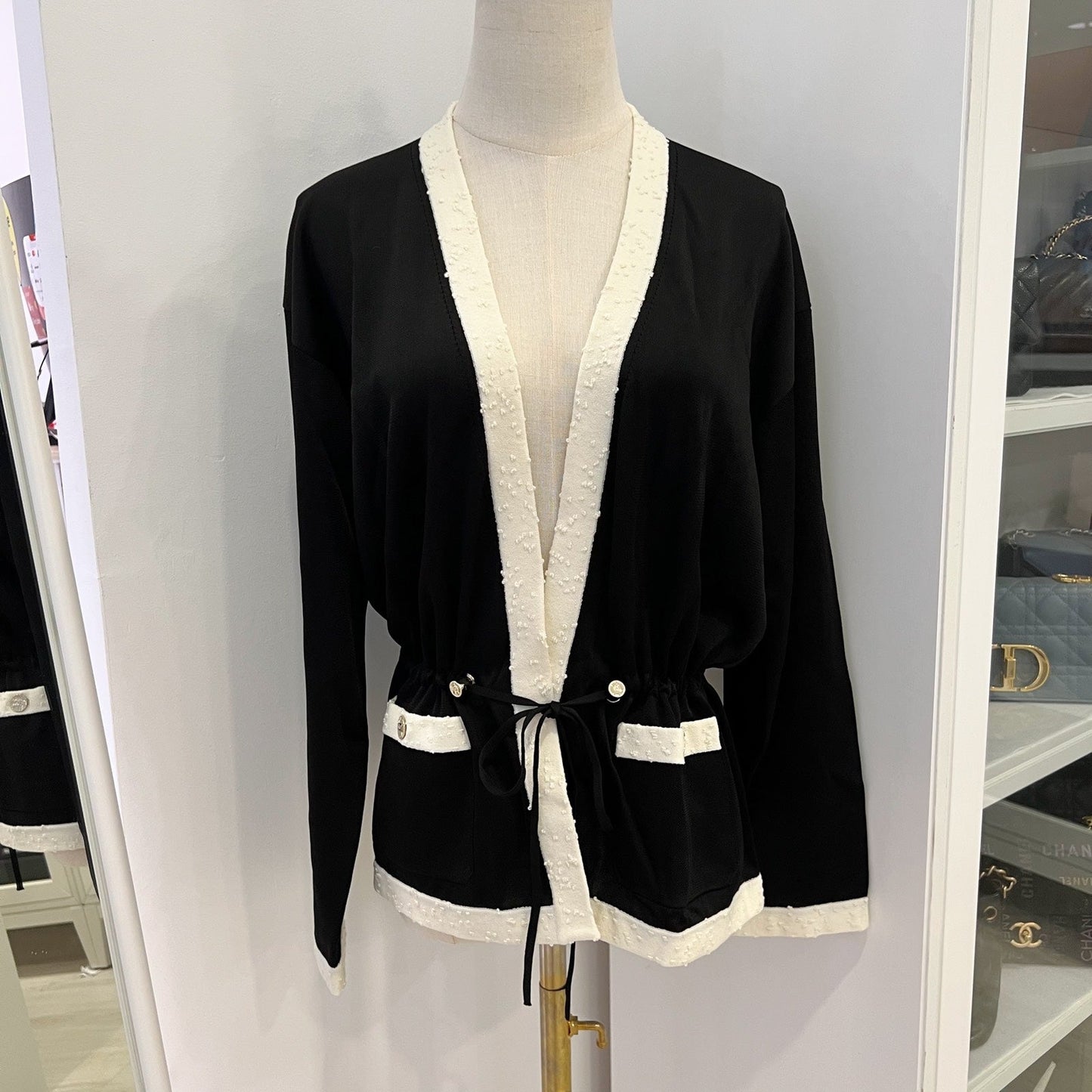 Chanel Cardigan in Black and Ecru Mixed Fibers Sz 38 (Model: ) Apparel