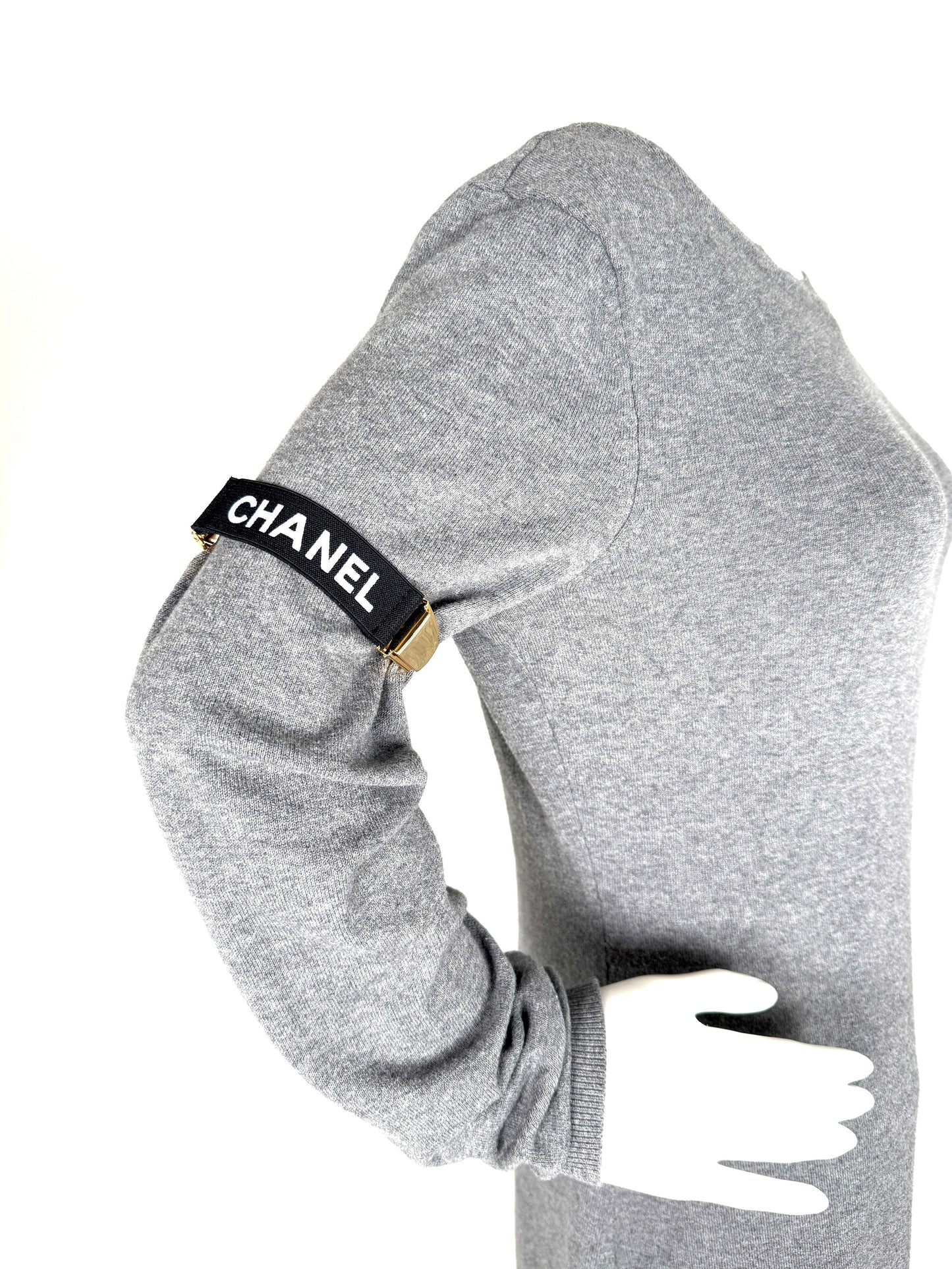 Chanel 2 Logo Sweater Sleeve Garters Suspenders Elastic Black Gold Tone Clip