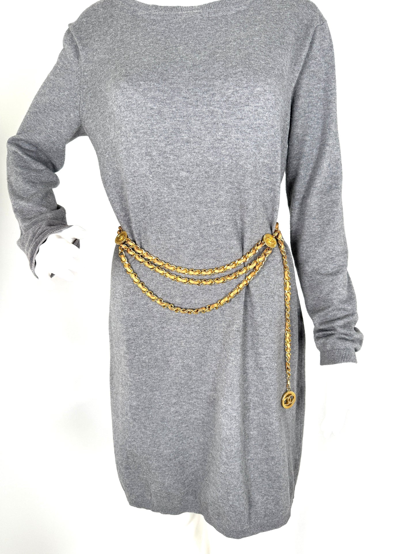 Chanel Gold Chain Link Beige Leather 1984 CC Belt