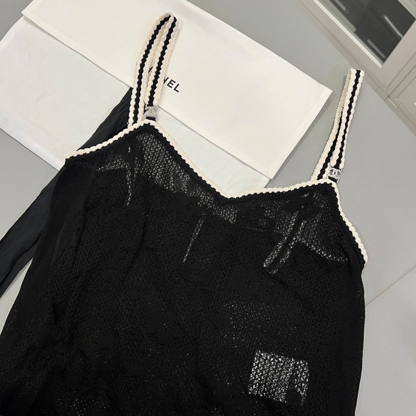 Chanel Sleeveless Strappy Top in Black / White Knit Sz 34 (Model: )
