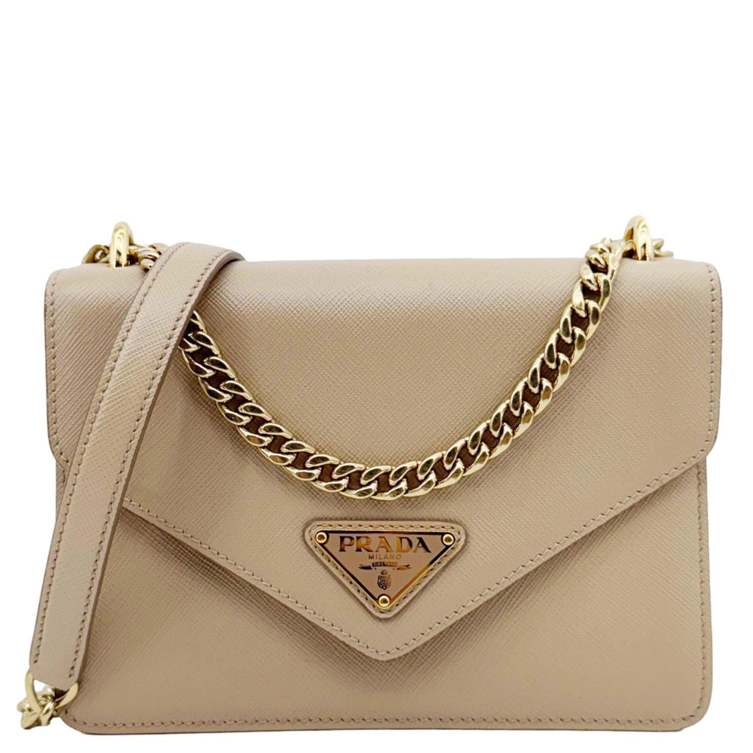Metal Triangle Envelope Saffiano Shoulder Bag Leather Beige