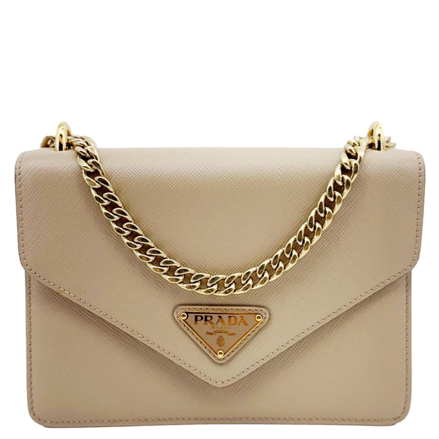 Metal Triangle Envelope Saffiano Shoulder Bag Leather Beige