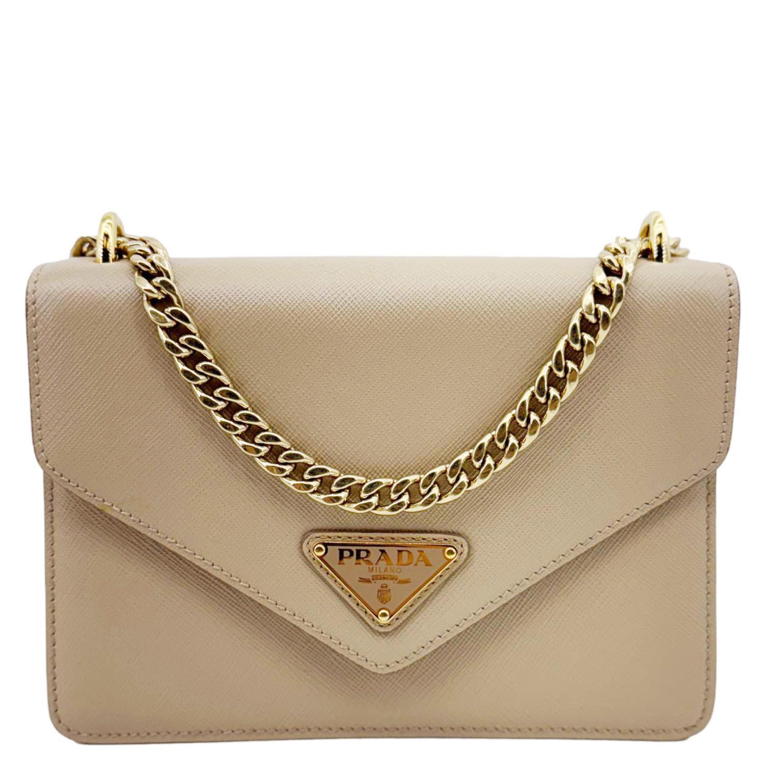 Metal Triangle Envelope Saffiano Shoulder Bag Leather Beige