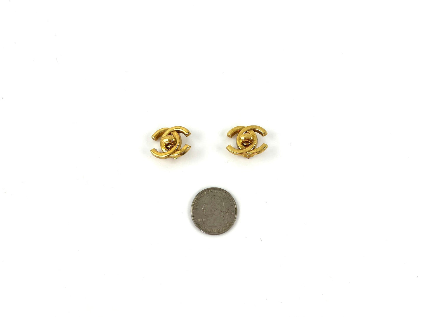 Chanel Gold Plated 1996 Turnlock CC Stud Clip on Earrings Jewelry